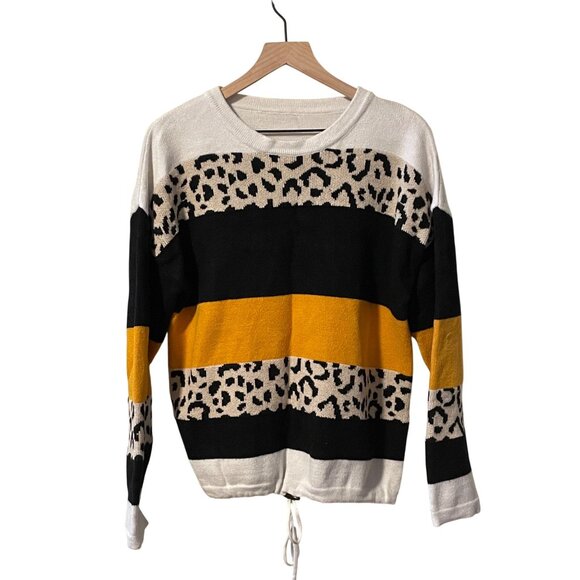 Size XL Casual Leopard Print Colorblock Sweater With Drawstring Hem #B-6-20-10 - Picture 1 of 5